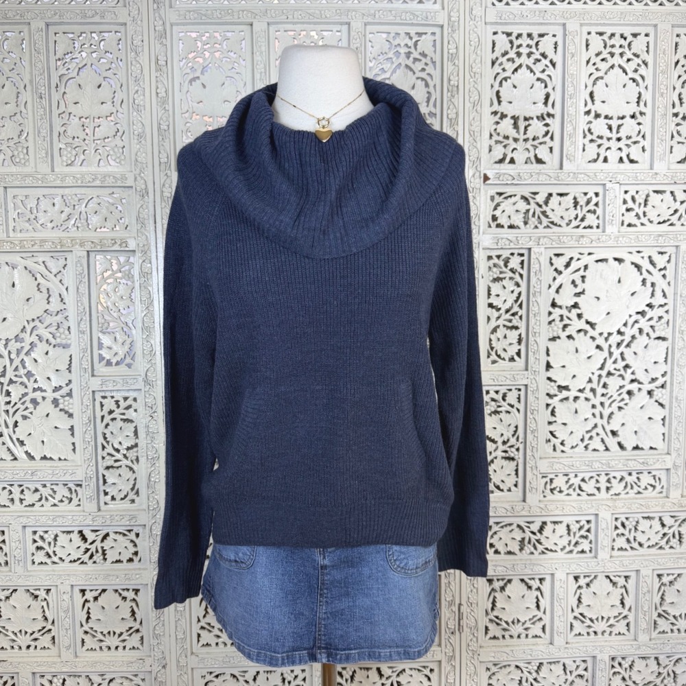 NWT New York & Company Navy Blue Cowl Neck Ribbed Slouchy Sweater Sz Womens XS‎